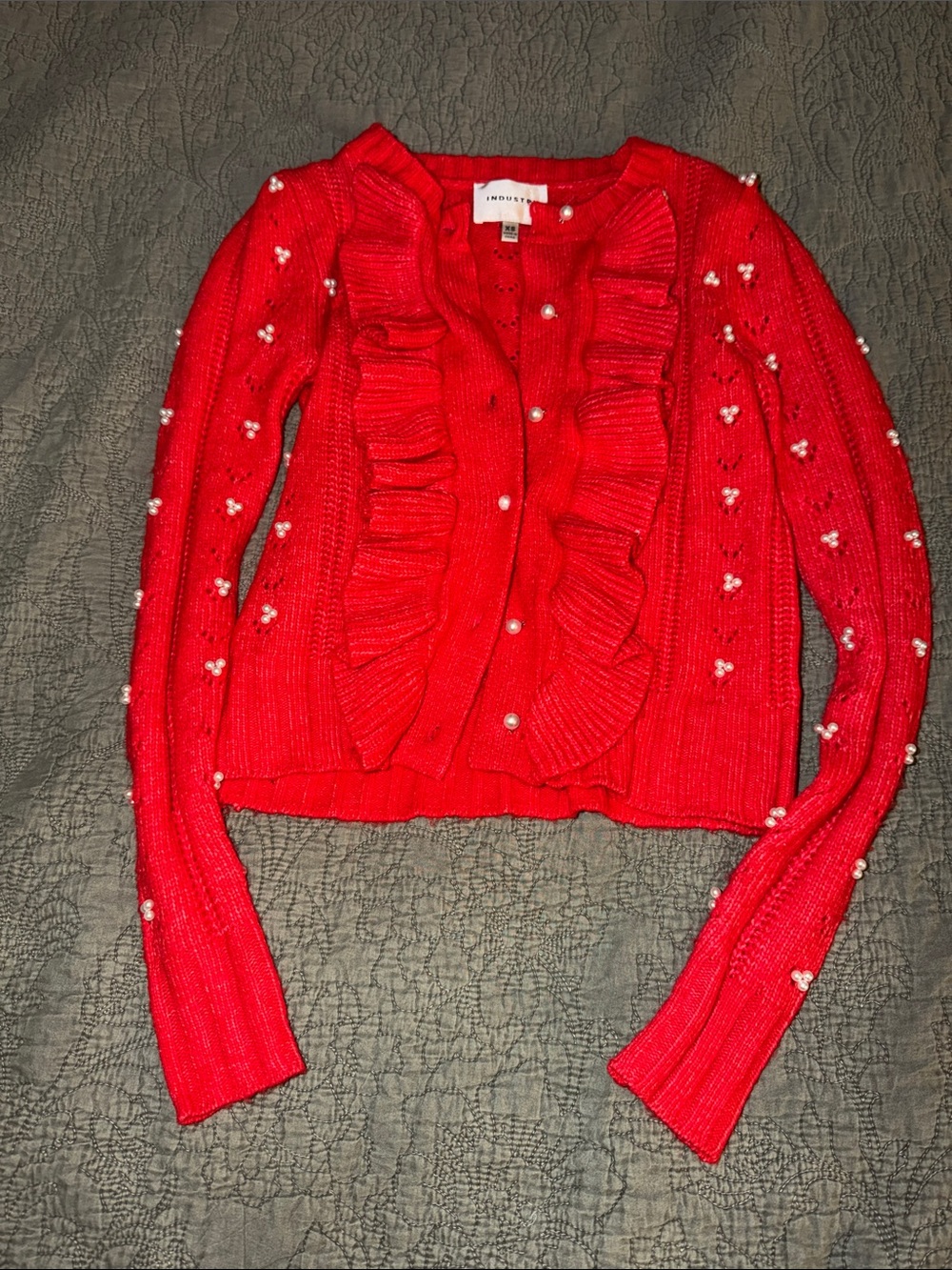 Bright Red Ruffle Pearl-Trim Knit Cardigan